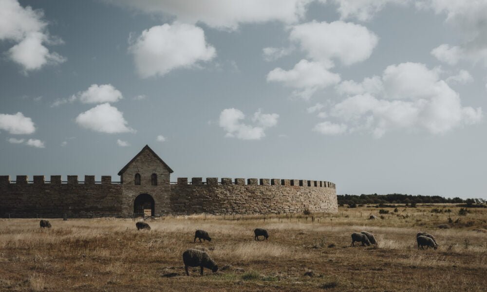 Eketorps borg på avstånd med betande får i förgrunden.